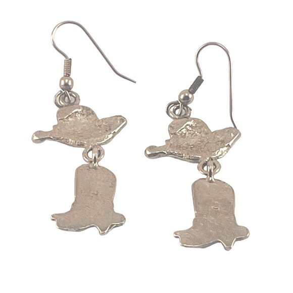 Cowboy Hat and Boot Dangle Earrings Western Themed Silver-Tone Jewelry Metal Hoo - Picture 4 of 5